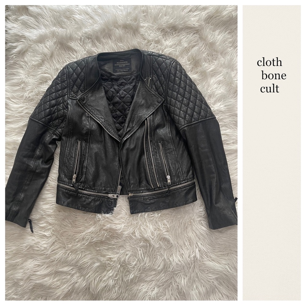 ALL SAINTS Black Leather Quilted Motorcycle Jacket